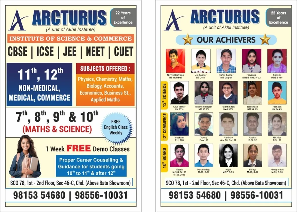 Arcturus achievers poster highlighting IIT NIT MBBS and high scoring students